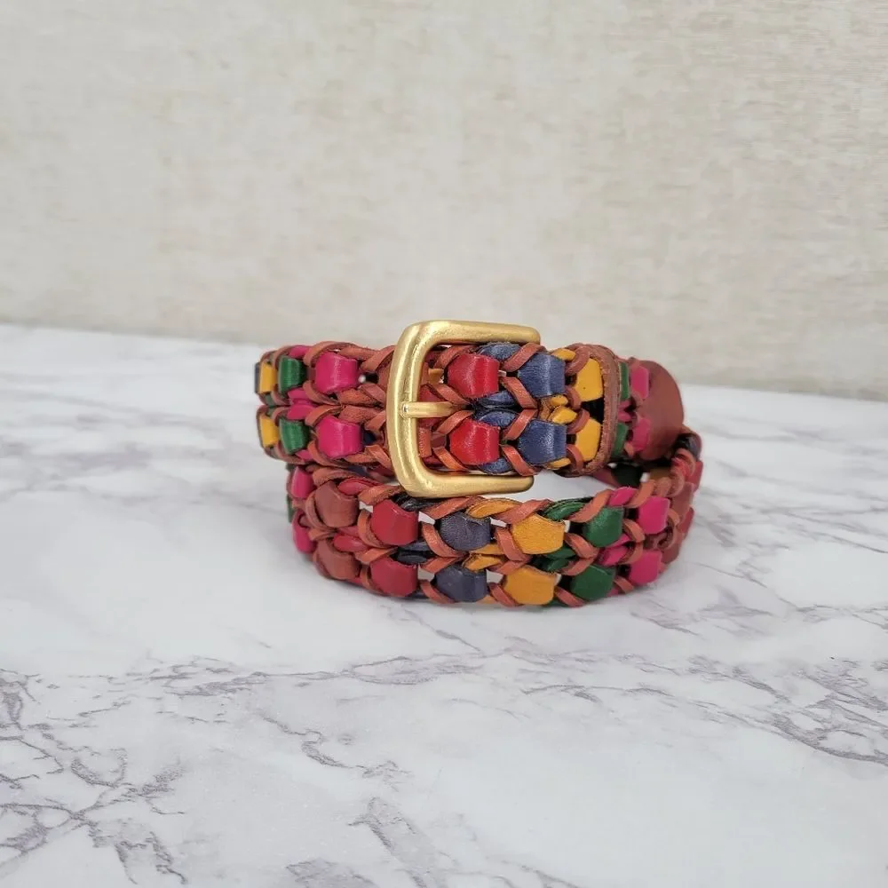 Vintage Woven Multicolor Leather Belt with Gold Tone Buckle